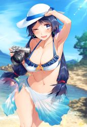 Rule 34 | 1girl, :d, armpits, beach, bikini, black hair, blew andwhite, blue bikini, blue sky, bracelet, breasts, camera, cleavage, cloud, collarbone, commentary request, cowboy shot, day, dutch angle, earrings, frilled bikini, frills, hair ribbon, hat, hat ribbon, headwear request, highres, holding, holding camera, jewelry, large breasts, lens flare, long hair, looking at viewer, mountainous horizon, navel, ocean, one eye closed, open mouth, original, outdoors, product placement, purple eyes, ribbon, sarong, see-through, sky, smile, solo, sony, standing, sunlight, swimsuit, thigh gap, thighs, tree, twintails, white bikini