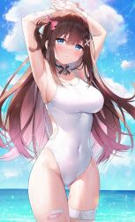 Rule 34 | 1girl, :o, armpits, arms up, ayamy, bandaid, bandaid on arm, bandaid on leg, blue eyes, blue sky, blush, breasts, brown hair, cleavage, cloud, collarbone, commentary request, covered navel, day, hair ornament, hair ribbon, hairclip, horizon, large breasts, long hair, looking at viewer, ocean, one-piece swimsuit, open mouth, original, outdoors, parted lips, ribbon, sky, solo, standing, swimsuit, thigh strap, very long hair, white one-piece swimsuit, x hair ornament