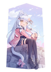 Rule 34 | 1girl, ;o, ahoge, animal ear fluff, animal ears, black footwear, black serafuku, black shirt, black skirt, black thighhighs, blue sky, blush, cat ears, cat girl, cat tail, cloud, commentary request, day, flower, grey hair, hair between eyes, hair flower, hair intakes, hair ornament, heart, highres, interlocked fingers, jacket, loafers, long hair, long sleeves, looking at viewer, one eye closed, open clothes, open jacket, original, outstretched arms, parted lips, petals, pink flower, pink jacket, pleated skirt, sailor collar, satsuki yukimi, school uniform, serafuku, shirt, shoes, sidelocks, sitting, skirt, sky, solo, stone wall, stretching, tail, thigh strap, thighhighs, very long hair, wall, white sailor collar, wide sleeves, x hair ornament, yellow eyes