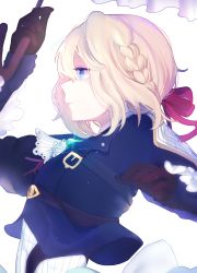 Rule 34 | 1girl, arm up, belt buckle, blonde hair, blue eyes, blue jacket, braid, brooch, brown gloves, buckle, closed mouth, dress, emio, from side, gloves, hair between eyes, hair intakes, hair ribbon, highres, holding, holding umbrella, jacket, jewelry, leather, leather gloves, long hair, long sleeves, looking to the side, red ribbon, ribbon, simple background, smile, solo, strap, umbrella, upper body, violet evergarden, violet evergarden (series), white background, white neckwear
