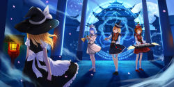 Rule 34 | 4girls, architecture, blonde hair, blue hair, bobby socks, bow, bow (music), brown hair, east asian architecture, closed eyes, facing away, hat, hat bow, highres, instrument, keyboard (instrument), kirisame marisa, lantern, loafers, long sleeves, looking at another, lunasa prismriver, lyrica prismriver, magic circle, merlin prismriver, moon, multiple girls, night, night sky, perfect cherry blossom, petals, playing instrument, puffy short sleeves, puffy sleeves, red eyes, samizuban, shadow, shirt, shoes, short hair, short sleeves, skirt, skirt set, sky, socks, touhou, trumpet, vest, violin, white shirt, witch hat, wooden lantern, yellow eyes