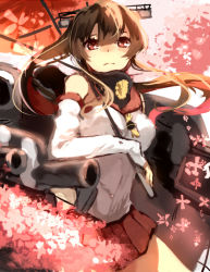 Rule 34 | 10s, 1girl, bad id, bad pixiv id, bare shoulders, brown hair, cherry blossoms, game, hamada (super tachioyogi kyousou), kantai collection, ponytail, red eyes, skirt, solo, umbrella, yamato (kancolle)