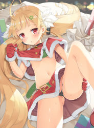 Rule 34 | 1girl, :o, absurdres, ahoge, azur lane, bell, black panties, blonde hair, blush, box, capelet, christmas, commentary request, eldridge (azur lane), eldridge (holy night&#039;s embrace) (azur lane), female focus, fujieda uzuki, fur-trimmed capelet, fur-trimmed gloves, fur-trimmed skirt, fur trim, gift, gift box, gloves, hair ornament, heart, heart-shaped pupils, highres, long hair, looking at viewer, lying, navel, on back, panties, parted lips, pussy juice, red capelet, red eyes, red gloves, red skirt, sack, santa costume, skirt, solo, symbol-shaped pupils, twintails, underwear, very long hair