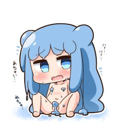 Rule 34 | 1girl, barefoot, blue eyes, blue hair, blush, chibi, collarbone, commentary request, convenient censoring, double bun, drooling, full body, hair bun, half slime-chan, hana kazari, head tilt, long hair, looking at viewer, monster girl, mouth drool, navel, nude, open mouth, original, partially visible vulva, reclining, side bun, slime girl, solo, translation request, very long hair, white background