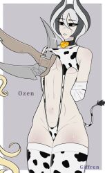 Rule 34 | animal costume, animal print, bell, bikini, breasts, cow costume, cow print, cow print bikini, cow tail, cowbell, giffren, highres, large breasts, made in abyss, non-web source, ozen, print bikini, swimsuit, tail, thick thighs, thighhighs, thighs