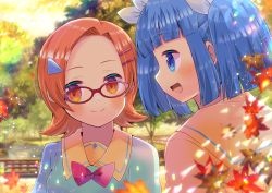 Rule 34 | 2girls, :d, autumn leaves, blue eyes, blue hair, blue shirt, blunt bangs, blurry, blurry background, blurry foreground, blush, bow, brown eyes, brown sailor collar, brown shirt, closed mouth, commentary request, commission, depth of field, forehead, glasses, hair ornament, hair ribbon, hairclip, highres, kou hiyoyo, leaf, maple leaf, multiple girls, open mouth, outdoors, pani poni dash!, parted bangs, pixiv commission, profile, red-framed eyewear, red bow, ribbon, sailor collar, school uniform, serafuku, shirt, smile, sunset, suzuki sayaka, tree, twintails, uehara miyako, upper body, white ribbon, yellow shirt