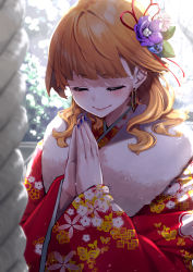 Rule 34 | 1girl, absurdres, blue nails, blunt bangs, blurry, blurry foreground, blush, closed eyes, closed mouth, day, floral print, flower, furisode, hair flower, hair ornament, hair ribbon, highres, japanese clothes, kimono, long hair, long sleeves, mikan (chipstar182), nail polish, orange hair, original, outdoors, print kimono, purple flower, red kimono, red ribbon, ribbon, smile, solo, upper body