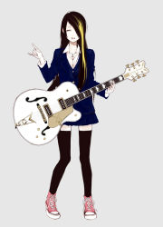 Rule 34 | 1girl, ^ ^, bad id, bad pixiv id, black hair, black thighhighs, blazer, blonde hair, closed eyes, converse, full body, guitar, hair over one eye, instrument, jacket, jewelry, legs, long hair, m/, multicolored hair, necklace, original, pleated skirt, shikishima (eiri), shoes, simple background, skirt, sneakers, solo, standing, streaked hair, thighhighs, zettai ryouiki