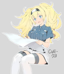 Rule 34 | 1girl, :o, blue eyes, blue shirt, blush, breast pocket, collared shirt, feet out of frame, gambier bay (kancolle), grey background, hairband, halftone, halftone background, head tilt, highres, holding, invisible chair, kantai collection, long hair, map, open mouth, pocket, sakana (flame sakana), shirt, short sleeves, shorts, sitting, solo, tareme, thighhighs, twintails, white shorts, white thighhighs, wing collar