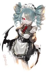 Rule 34 | 1girl, apron, black dress, breasts, collared shirt, dress, drill hair, first-chan (loalo), grey shirt, hair over one eye, juliet sleeves, leaning back, long sleeves, maid apron, maid headdress, necktie, ohisashiburi, original, pointy ears, puffy sleeves, red eyes, red necktie, second-party source, shirt, silver hair, small breasts, solo, twin drills, twintails, white background