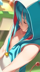 Rule 34 | 1girl, animal ears, bare shoulders, bell, blue hair, breasts, chair, choker, closed eyes, closed mouth, collarbone, day, doraemon, doraemon (character), downblouse, facial mark, facing away, from side, go robots, hands in pockets, highres, hood, hooded track jacket, hoodie, indoors, jacket, no bra, personification, profile, sideboob, sidelocks, sleeveless, sleeveless hoodie, small breasts, solo, table, tail, thief, track jacket, unzipped, upper body, whisker markings, zipper pull tab