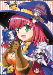 Rule 34 | 4girls, ahoge, alice wishheart, antenna hair, bat wings, black cat, blue eyes, blue hair, blush, blush stickers, bow, breasts, brooch, buumori, candy, cape, cat, character request, chibi, chocolate, chocolate bar, cleavage, detached sleeves, dress, everyone, facial mark, fang, flying pig, food, forehead jewel, forehead mark, frost auslese, gift, gloves, green hair, hands on own hips, hat, jack-o&#039;-lantern, jewelry, kabo-chan, large breasts, long hair, magical halloween, multiple girls, noir auslese, open mouth, osuten, pig, pink hair, pointy ears, ponytail, pumpkin, purple eyes, purple hair, rosemary bergamot, short hair, silver hair, sitting, torn clothes, wings, witch, witch hat, yawning, yellow bow, yellow eyes