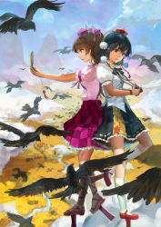 Rule 34 | 2girls, above clouds, ankle lace-up, back-to-back, bird, black hair, blouse, blue sky, brown hair, camera, cellphone, checkered clothes, checkered skirt, cloud, cross-laced footwear, crow, eyelashes, facing away, flying, frilled skirt, frills, full body, geta, hat, highres, himekaidou hatate, jeanex, kneehighs, light smile, lips, looking down, mary janes, mountain, multiple girls, no socks, no wings, outstretched arm, phone, pom pom (clothes), ponytail, profile, puffy short sleeves, puffy sleeves, ribbon-trimmed clothes, ribbon trim, river, shameimaru aya, shirt, shoes, short sleeves, shrine, skirt, sky, socks, tengu-geta, tokin hat, torii, touhou, village, yellow eyes