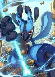 Rule 34 | 1other, absurdres, blurry, bone, commentary request, creatures (company), electricity, furry, game freak, gen 4 pokemon, highres, holding, holding bone, lucario, nintendo, outdoors, pokemon, pokemon (creature), red eyes, ririri (user rkrv7838), rock, solo
