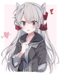 Rule 34 | 1girl, absurdres, alternate costume, amatsukaze (kancolle), arrow (symbol), black hoodie, blush, commentary request, fathom, grey hair, hair ornament, heart, highres, hood, hoodie, kantai collection, long hair, long sleeves, open mouth, red eyes, shirt, solo, two side up, upper body, white shirt