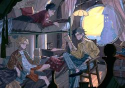 Rule 34 | 3boys, akihare, bed, beer keg, black hair, blonde hair, brothers, bunk bed, chair, curtains, grin, hat, indoors, male focus, monkey d. luffy, multiple boys, one piece, pillow, portgas d. ace, sabo (one piece), siblings, sitting, smile, talking, treasure chest, window
