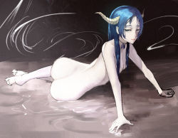 Rule 34 | 1girl, arm support, ass, bad id, bad pixiv id, barefoot, blue hair, artistic error, flat chest, grey eyes, hidezi, horns, jewelry, light smile, long hair, lying, necklace, nude, on side, original, pale skin, solo