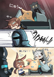 Rule 34 | &gt; &lt;, + +, 1boy, 2girls, 3koma, :3, afterimage, amiya (arknights), animal ears, arknights, bed, blanket, brown hair, rabbit ears, chibi, comic, commentary, doctor (arknights), emphasis lines, grey hair, highres, hm (hmongt), hood, hooded jacket, jacket, lappland (arknights), motion lines, multiple girls, open mouth, pulling, rabbit girl, stuffed animal, stuffed rabbit, stuffed toy, sweatdrop, tail, tail wagging, wolf ears, wolf tail