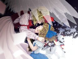 Rule 34 | 2girls, abstract background, alice margatroid, alice margatroid (pc-98), ameya nihachi, armband, ascot, bending backward, blonde hair, blue eyes, blue skirt, book, commentary request, dress, eye contact, feathered wings, flying, gengetsu (touhou), gradient background, grimoire of alice, hand on another&#039;s face, hand on another&#039;s shoulder, head tilt, highres, holding, holding book, leaning forward, looking at another, looking down, looking up, multiple girls, open mouth, puffy short sleeves, puffy sleeves, red ascot, red vest, short hair, short sleeves, skirt, standing, suspender skirt, suspenders, touhou, touhou (pc-98), transparent wings, two-tone background, vest, white dress, wings, yellow eyes