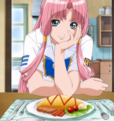 Rule 34 | 00s, 1girl, aged up, alternate hair length, alternate hairstyle, aria (manga), blouse, eye contact, eyelashes, food, fork, green eyes, hand on own cheek, hand on own face, highres, knife, light smile, long hair, looking at another, looking at viewer, mizunashi akari, omelet, omurice, parted bangs, pink hair, plate, pov across table, school uniform, screencap, serafuku, shirt, sidelocks, solo, spoon, stitched, table, tareme, teaspoon, third-party edit, very long hair, white shirt