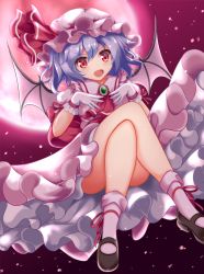 Rule 34 | 1girl, :d, ascot, bat wings, black footwear, blue hair, blush, bow, brooch, convenient leg, crossed legs, dress, floating, frilled skirt, frills, full moon, gloves, hair between eyes, hands on own chest, hat, hat ribbon, jewelry, looking at viewer, mary janes, mob cap, moon, night, night sky, open mouth, outdoors, petticoat, pink dress, pink hat, pink legwear, puffy short sleeves, puffy sleeves, red ascot, red bow, red eyes, red moon, red sky, remilia scarlet, ribbon, shoes, short hair, short sleeves, skirt, sky, smile, solo, star (sky), starry sky, touhou, unory, white gloves, wings