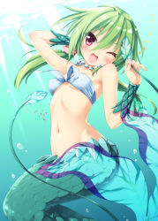 Rule 34 | 1girl, ;d, alternate hairstyle, fins, fish tail, green hair, jewelry, kani biimu, low twintails, mermaid, monster girl, muromi-san, namiuchigiwa no muromi-san, navel, necklace, one eye closed, open mouth, red eyes, scales, smile, solo, tail, twintails, wink