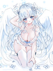 Rule 34 | 1girl, absurdres, arm behind head, arm up, bad id, bad twitter id, bare arms, bare shoulders, bikini, blue eyes, blush, breasts, cleavage, collarbone, commentary request, feathered wings, flower, frilled bikini, frills, grey hair, hair flower, hair ornament, head tilt, highres, long hair, medium breasts, no shoes, original, parted bangs, parted lips, pointy ears, solo, swimsuit, tandohark, thighhighs, very long hair, white bikini, white flower, white wings, wings