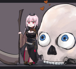 Rule 34 | 1girl, :/, absurdres, alternate size, asymmetrical legwear, black background, black coat, black thighhighs, blue eyes, breasts, cape, chibi, cleavage, coat, crown, eyeball, heart, highres, holding, holding scythe, hololive, hololive english, jitome, letterboxed, long hair, looking at viewer, mini person, minigirl, mori calliope, pink hair, planted, red eyes, scythe, simple background, single thighhigh, size difference, skull, solo, sweatdrop, teeth, thighhighs, torn cape, torn clothes, uneven legwear, virtual youtuber, vyragami, weapon, wide sleeves