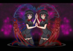 Rule 34 | 1girl, :o, asymmetrical wings, black dress, black hair, black thighhighs, blush, bow, bowtie, breasts, dress, dual persona, full body, gmot, high heels, houjuu nue, kneeling, looking at viewer, parted lips, red bow, red bowtie, red eyes, red footwear, reflection, shoes, short dress, short sleeves, symmetry, thighhighs, touhou, wings, zettai ryouiki
