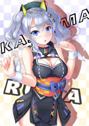 Rule 34 | 1girl, absurdres, alternate costume, bare shoulders, beret, blue eyes, blush, breasts, character name, cleavage, cleavage cutout, clothing cutout, cosplay, dress, hair ornament, hairclip, hat, highres, kaguya luna, kaguya luna (character) (cosplay), kantai collection, kashima (kancolle), kotoba suzu, large breasts, long hair, looking at viewer, open mouth, ribbon, sash, silver hair, sleeveless, solo, the moon studio, twintails, virtual youtuber, wavy hair, wrist ribbon