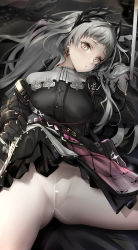 Rule 34 | 1girl, absurdres, arknights, bag, bar censor, black gloves, black jacket, black skirt, blush, breasts, censored, chain, closed mouth, crotch seam, earrings, gloves, grey eyes, head wings, highres, irene (arknights), jacket, jewelry, lifting own clothes, long hair, long sleeves, looking at viewer, lying, medium breasts, miniskirt, multicolored clothes, multicolored skirt, no panties, no pants, nopetroto, on back, pantyhose, planted, planted sword, planted weapon, purple skirt, pussy, scar, scar across eye, scar on face, see-through, shoulder bag, silver hair, skirt, solo, spread legs, sword, very long hair, weapon, white pantyhose, white skirt, wings