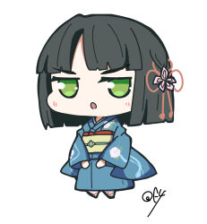 Rule 34 | 1girl, :o, absurdres, black hair, blue kimono, blunt bangs, blunt ends, chibi, chibi only, commentary, flower, flower knot, full body, green eyes, hair flower, hair ornament, hasu no sora school uniform, highres, japanese clothes, jitome, kimono, link! like! love live!, long sleeves, looking at viewer, love live!, momose ginko, obi, official alternate costume, oofushi ao, sash, school uniform, short hair, signature, simple background, solo, v-shaped eyebrows, virtual youtuber, white background, wide sleeves, yellow sash