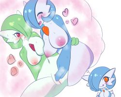 Rule 34 | 2girls, alternate color, blue hair, blush, breasts, cleavage, creatures (company), fingering, game freak, gardevoir, gen 3 pokemon, green hair, heart, inverted nipples, jcdr, large breasts, lucy (jcdr), multiple girls, nintendo, nipples, nougat (jcdr), orange eyes, pokemon, pokemon (creature), pussy, red eyes, shiny pokemon, sweat, thought bubble, tongue, yuri