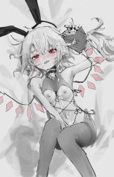 Rule 34 | 1girl, animal ears, armpits, between legs, black nails, blush, breasts, crystal, cum, cum on body, cum on breasts, cum on stomach, cum on upper body, facial, flandre scarlet, greyscale, hair ribbon, hand between legs, highres, knees up, leggings, leotard, lying, meme attire, monochrome, nail polish, navel, nipples, on back, pantyhose, playboy bunny, pointy ears, rabbit ears, red eyes, reddizen, reverse bunnysuit, reverse outfit, ribbon, short hair, side ponytail, sketch, small breasts, solo, spot color, touhou, wings