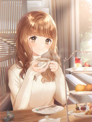 Rule 34 | 1girl, arms up, blueberry, breasts, brown eyes, brown hair, cafe, chair, commentary, cookie, cup, day, english commentary, fingernails, food, fruit, holding, holding cup, indoors, kompeitou (lemon garden), looking at viewer, medium breasts, medium hair, original, parfait, ribbed sweater, saucer, sitting, sleeves past wrists, smile, solo, strawberry, sweater, symbol-only commentary, table, teacup, teapot, teaspoon, tiered tray, white sweater, window, windowsill