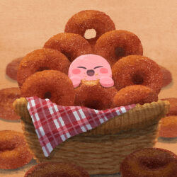 Rule 34 | basket, blush stickers, closed eyes, doughnut, food, food bite, food focus, food on face, happy, highres, kirby, kirby (series), miclot, nintendo, no humans, open mouth, smile, sugar (food)