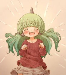 Rule 34 | 1girl, animal ears, aran sweater, arinu, blush, cable knit, clenched hands, closed eyes, curly hair, facing viewer, green hair, hands up, highres, horns, jewelry, komano aunn, long hair, long sleeves, necklace, open mouth, paw pose, red sweater, single horn, skirt, solo, sweater, touhou