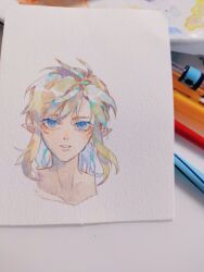 Rule 34 | 1boy, bishounen, blonde hair, blue eyes, chinese commentary, commentary request, cropped shoulders, eyelashes, highres, light blush, light smile, link, low ponytail, male focus, nintendo, painting (medium), parted lips, photo (medium), pointy ears, short hair with long locks, short ponytail, solo, straight-on, the legend of zelda, the legend of zelda: breath of the wild, thick eyebrows, traditional media, watercolor (medium), yanmian (printemps-noir)