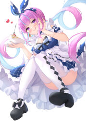 Rule 34 | 1girl, :q, absurdres, apron, black footwear, blue dress, blue hair, blue hairband, blue nails, blunt bangs, blush, bow hairband, breasts, cake, cake slice, choker, cleavage, closed mouth, colored inner hair, commentary request, dress, earrings, food, food on face, fork, frilled apron, frilled choker, frilled dress, frills, full body, hairband, hand on own cheek, hand on own face, heart, heart earrings, high heels, highres, holding, holding plate, hololive, jewelry, keikei (kitty colors), large breasts, long hair, looking at viewer, medium breasts, minato aqua, minato aqua (aqua iro in wonder land), multicolored hair, official alternate costume, pink hair, plate, purple eyes, short sleeves, simple background, smile, solo, streaked hair, thighhighs, tongue, tongue out, twintails, two-tone hair, virtual youtuber, white background, white thighhighs