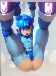 Rule 34 | 1boy, arms up, ass, blue eyes, blue helmet, male focus, mega man (classic), mega man (series), restrained, spread legs