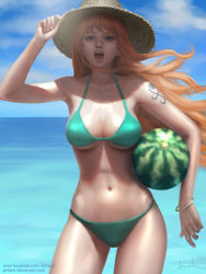 Rule 34 | 1girl, adjusting clothes, adjusting headwear, bad id, bad pixiv id, bikini, blue eyes, blue sky, bracelet, breasts, cowboy shot, day, female focus, food, fruit, gohpot, gradient background, hat, highres, horizon, jewelry, large breasts, long hair, nami (one piece), navel, ocean, one piece, open mouth, realistic, red hair, shade, signature, sky, solo, straw hat, swimsuit, tattoo, watermark, watermelon, web address, wet