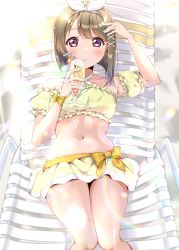 Rule 34 | 1girl, absurdres, beach chair, bikini, bikini skirt, blunt ends, blush, bow, brown hair, commentary, cup, day, detached sleeves, drinking straw, eyebrows hidden by hair, food, frills, fruit, hair ornament, hair ribbon, hairclip, hand up, highres, holding, holding cup, lens flare, light brown hair, looking at viewer, love live!, love live! nijigasaki high school idol club, nakasu kasumi, navel, on chair, orange (fruit), orange bow, orange slice, panda copt, pink eyes, reclining, ribbon, short hair, short sleeves, skirt, solo, strapless, strapless bikini, sunlight, swimsuit, tropical drink, tube top, white ribbon, x hair ornament, yellow bikini, yellow skirt