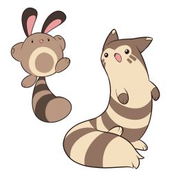 Rule 34 | :3, black eyes, creatures (company), evolutionary line, full body, furret, game freak, gen 2 pokemon, mary cagle, nintendo, no humans, open mouth, outstretched arms, pokemon, pokemon (creature), sentret, simple background, tail, white background