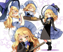 Rule 34 | 1girl, adapted costume, black dress, black gloves, blonde hair, blush, boots, braid, coat, cup, dress, drinking, female focus, forbidden scrollery, gloves, gohei, hat, kirisame marisa, long hair, one eye closed, piyokichi, puffy short sleeves, puffy sleeves, shirt, short sleeves, single braid, smile, star (symbol), starry background, teacup, touhou, tray, trench coat, witch hat, yellow eyes, yunomi