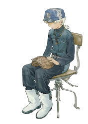 Rule 34 | 1boy, absurdres, baseball glove, black pants, blue hat, blue shirt, boots, chair, chenrong96, fish pendant, full body, hat, highres, jewelry, long sleeves, male focus, original, pants, pendant, shirt, simple background, sitting, solo, white background, white footwear