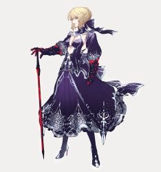 Rule 34 | 1girl, artoria pendragon (all), artoria pendragon (fate), blonde hair, blue dress, blue ribbon, boots, braid, breasts, clenched hand, commentary request, dress, excalibur morgan (fate), fate/grand order, fate (series), full body, gauntlets, grey background, hair bun, hair ribbon, hand on hilt, high heel boots, high heels, highres, legs apart, looking at viewer, medium breasts, parted lips, puffy sleeves, ribbon, saber (fate), simple background, single hair bun, solo, standing, tenobe, yellow eyes
