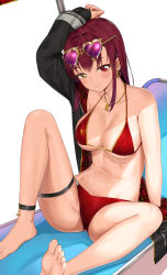 Rule 34 | 1girl, absurdres, ankle strap, arm up, bare shoulders, barefoot, bikini, black jacket, blush, breasts, cleavage, closed mouth, collarbone, earrings, eyewear on head, feet, heart, heart-shaped eyewear, heart earrings, heart necklace, heterochromia, highres, hololive, houshou marine, houshou marine (summer), jacket, jewelry, large breasts, long hair, long sleeves, looking at viewer, navel, necklace, open clothes, open jacket, pink-tinted eyewear, pixel (yuxian), red bikini, red eyes, red hair, sitting, smile, solo, spread legs, stomach, sunglasses, swimsuit, thigh strap, tinted eyewear, virtual youtuber, yellow-framed eyewear, yellow eyes