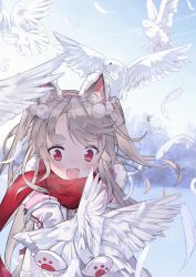 Rule 34 | 1girl, abae, animal ear fluff, animal ears, azur lane, bad id, bad pixiv id, bird, blush, commentary, day, dog ears, dove, fangs, feathers, grey hair, hairband, highres, jacket, mittens, outdoors, red eyes, red scarf, scarf, skin fangs, slit pupils, snow, solo, thick eyebrows, tree, two side up, winter, winter clothes, yuudachi (azur lane)