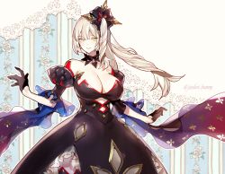 Rule 34 | 1girl, bare shoulders, black dress, black gloves, breasts, cleavage, collar, dark persona, dress, fate/grand order, fate (series), gloves, hair ornament, half gloves, koshika rina, large breasts, long hair, looking at viewer, marie antoinette (alter) (fate), marie antoinette (fate), metal collar, pale skin, side ponytail, silver hair, smile, twitter username, yellow eyes