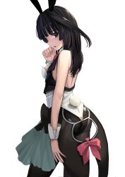 Rule 34 | 1girl, agatsuma kaede, alice gear aegis, animal ears, apron, black eyes, black hair, black leotard, black pantyhose, bow, bowtie, breasts, brown hair, commentary request, from behind, green apron, highres, leotard, long hair, looking at viewer, looking back, open mouth, pantyhose, playboy bunny, rabbit ears, rabbit tail, red bow, red bowtie, sideboob, simple background, small breasts, solo, standing, sunga2usagi, tail, vorpal bunny, white background, wrist cuffs